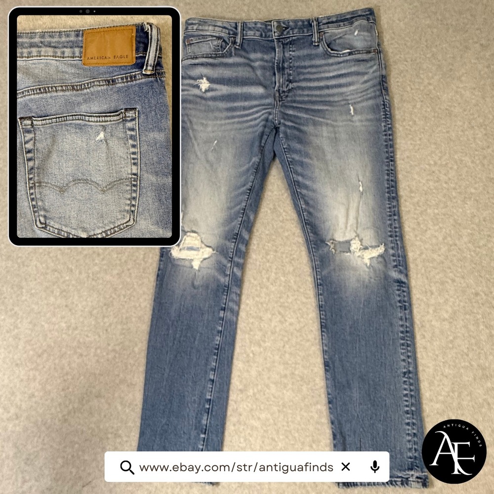 American Eagle Airflex+ Slim Distressed Light Wash Jeans Mens 36x32